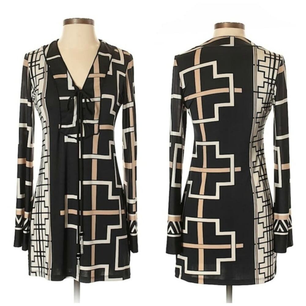 Analili Black, White, & Tan Geometric Print Lond Sleeve Dress Sz XS
